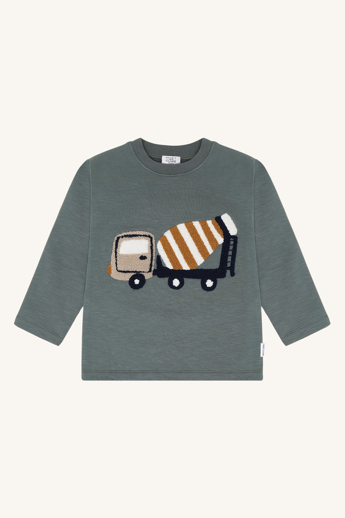 🚛 Hust & Claire Mixer Truck – Longsleeve met betonmixer in Balsam Green