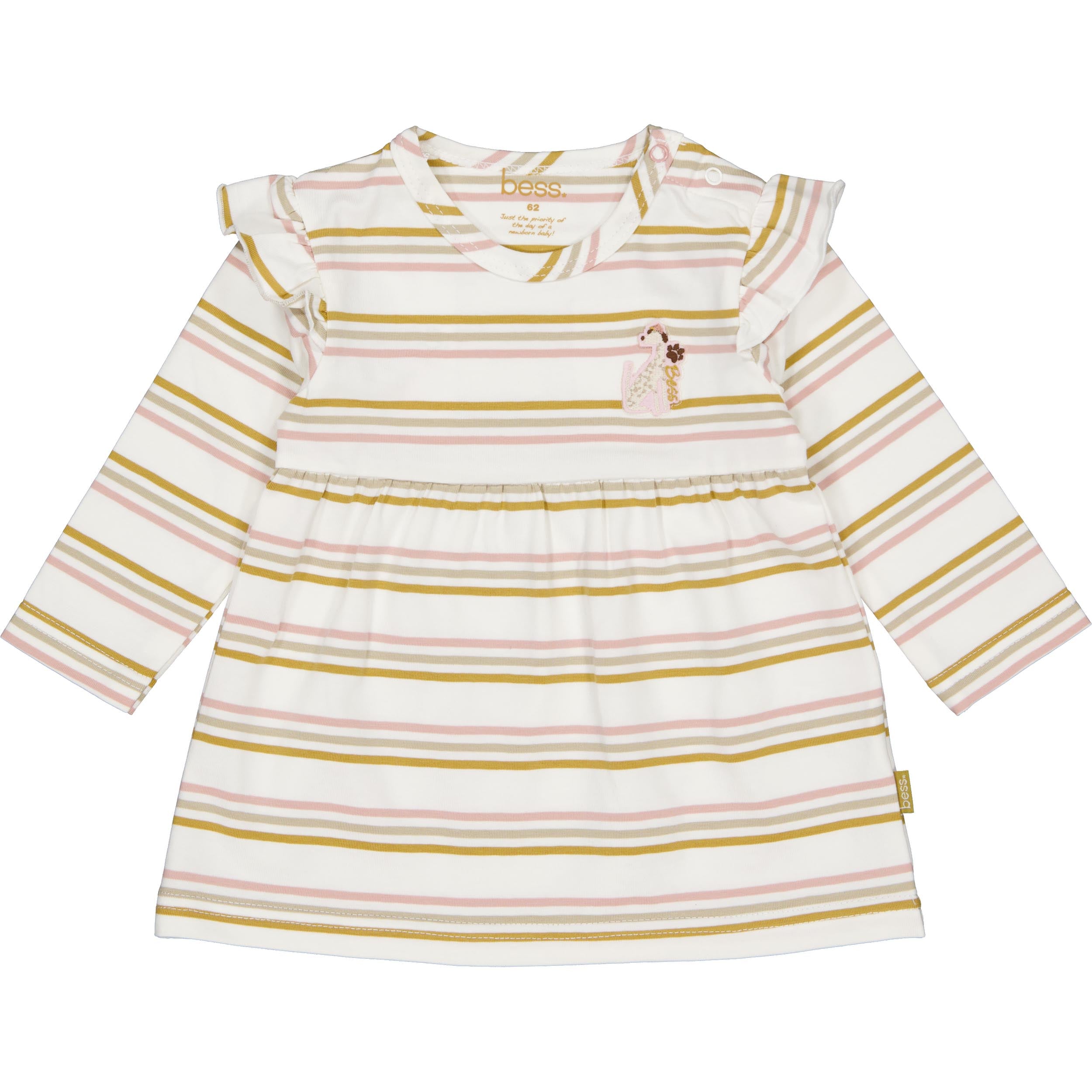 🌸 BESS Babyjurkje met Strepen & Girafje – Ecru, roze & okergeel