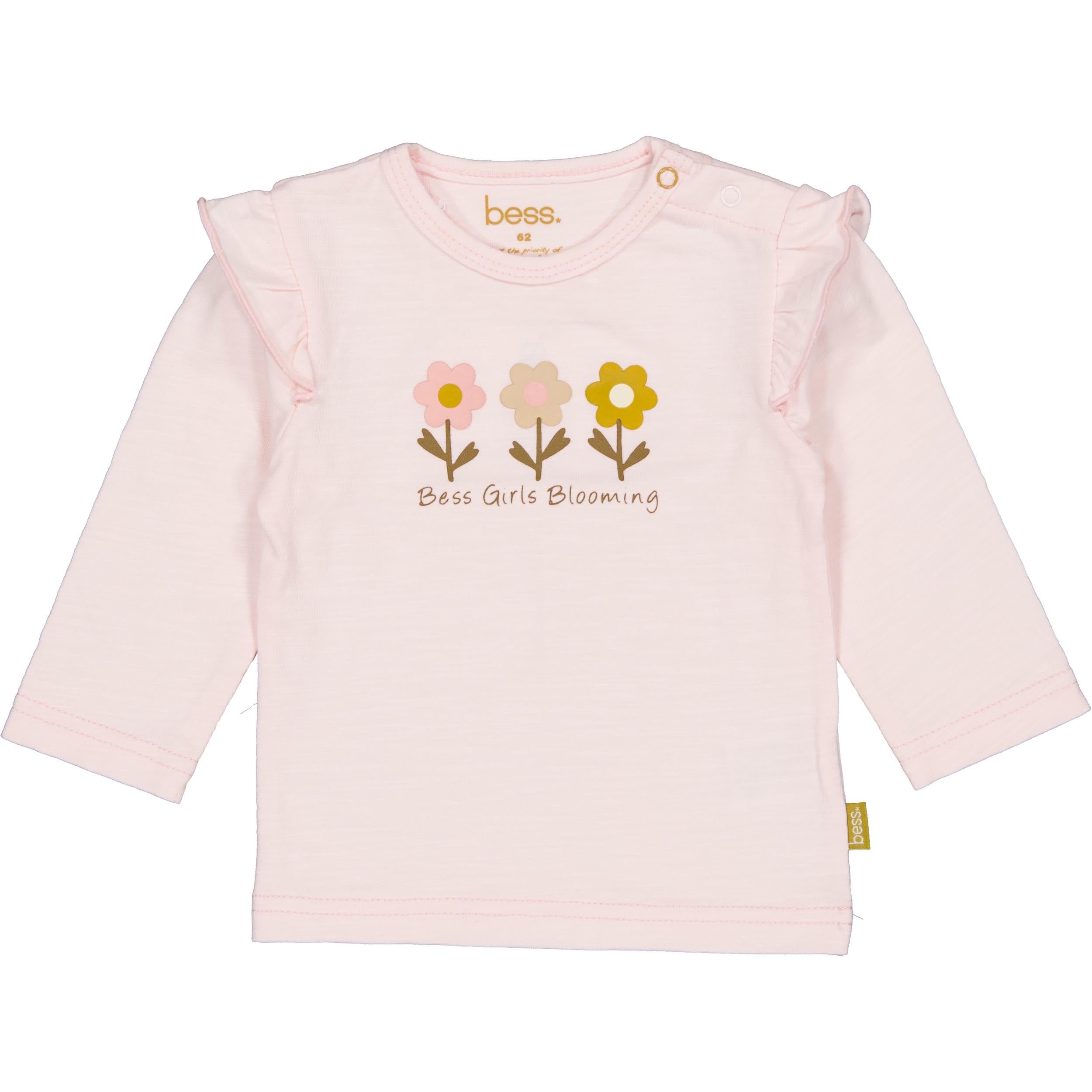 🌸 BESS Baby Longsleeve Blooming Flowers – Zachtroze met Ruches