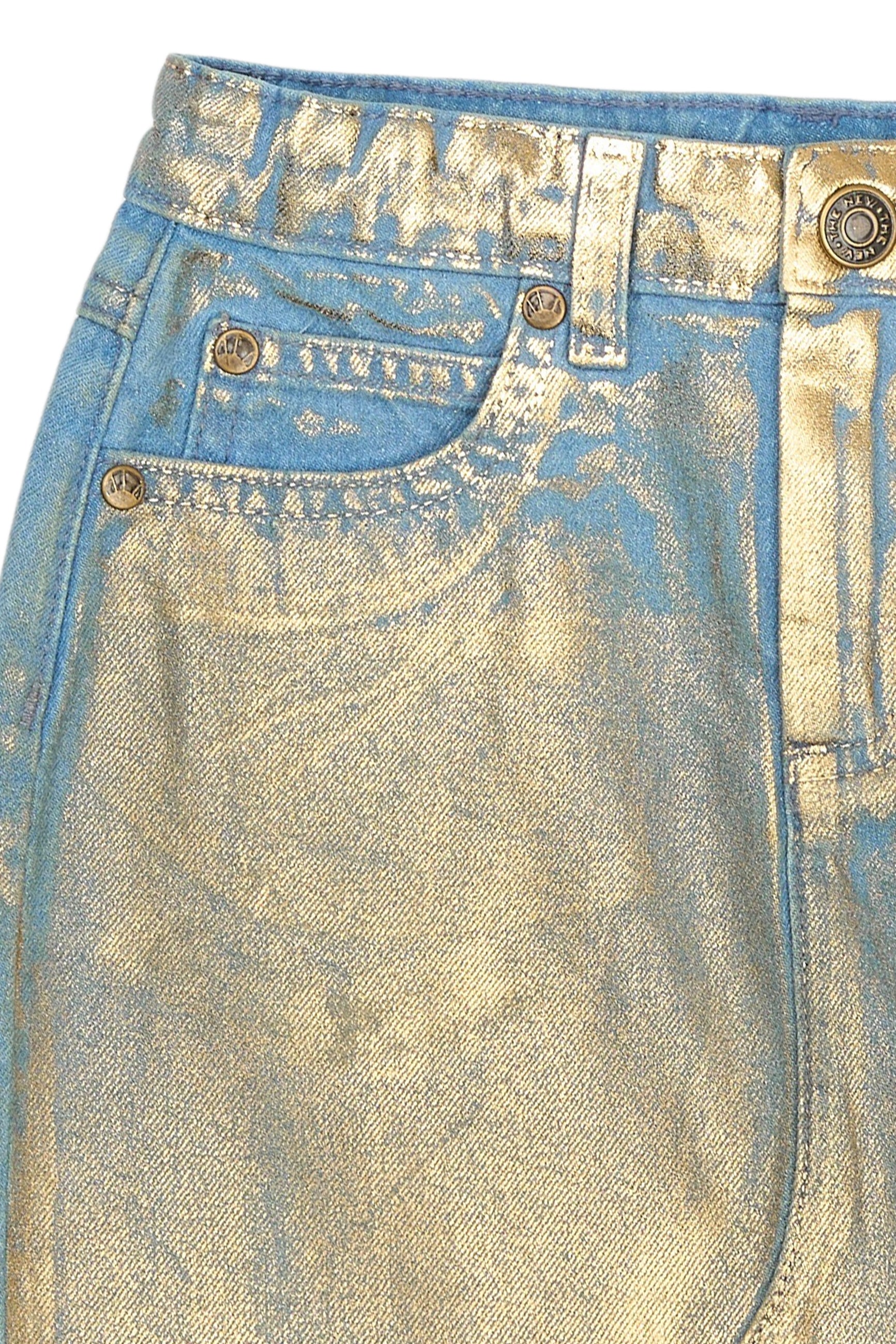 ✨ Rosanna Metallic Denim Rok – Goud & Jeansblauw Glam ✨