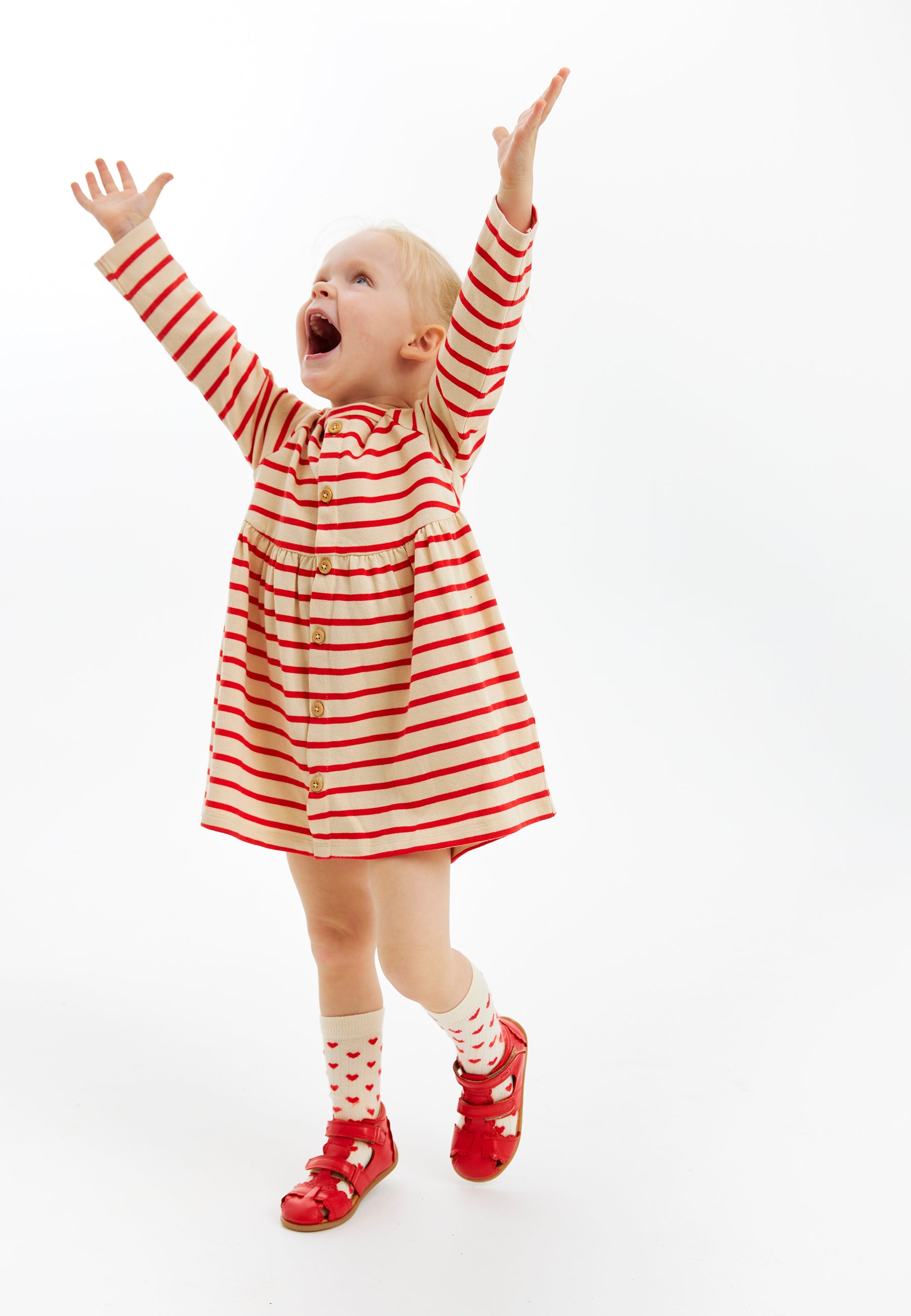 🌟 The New Siblings – Gestreepte Lange Mouwen Jurk in Poppy Red 🌟