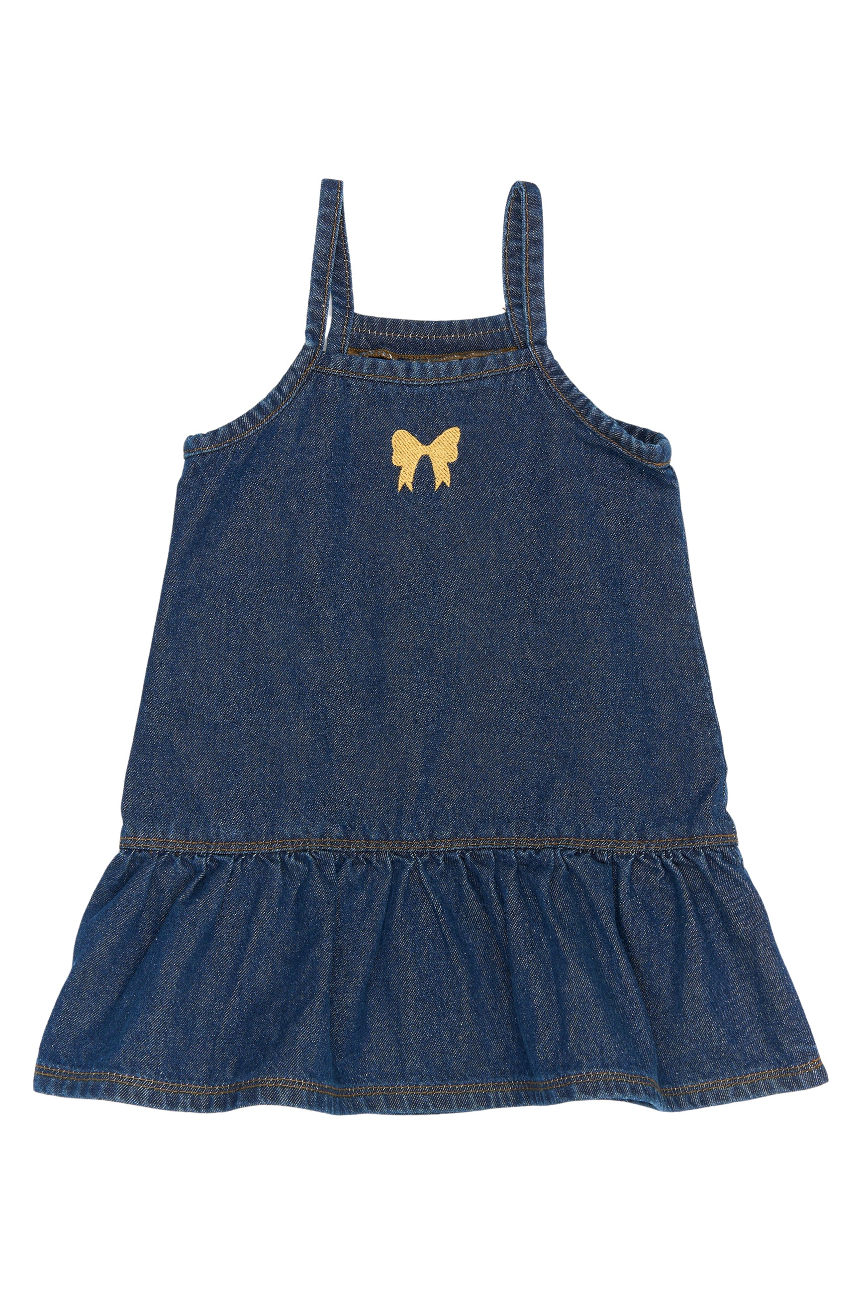 💙 Raya Strap Denim Dress – Medium Blue met Gouden Strikje 💛