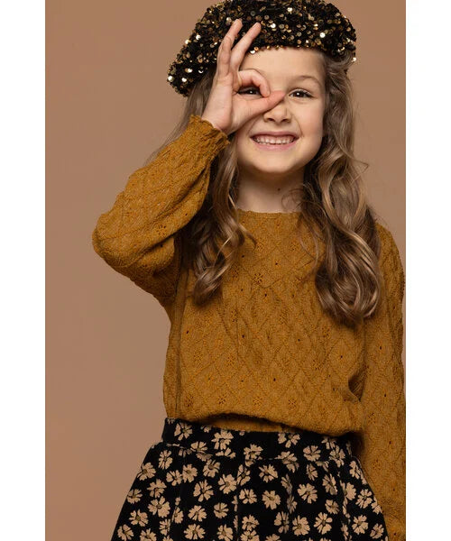 Loose-fit kanten top in een warme winter kleur, Oker.