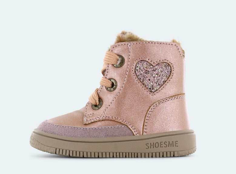 Shoesme rosé-goud veterbootje met fluffy voering